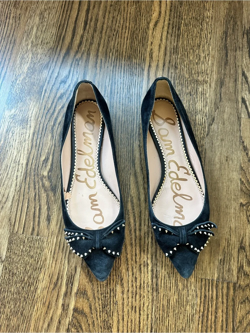 Sam Edelman Black Studded Bow Pointed-Toe Flats, size 9